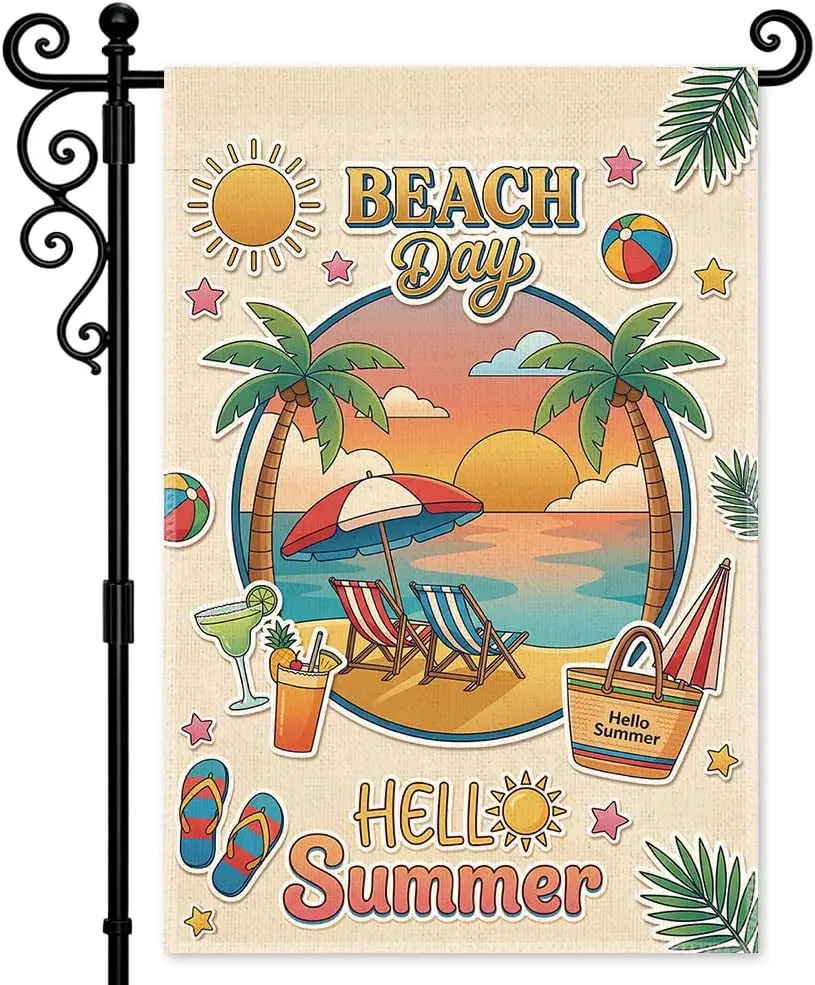 Beach Day Hello Summer Garden Flag, Beach House Double Sided Welcome Flag, Tropical Porch Banner, Hawaiian Summertime Vibes  IIC