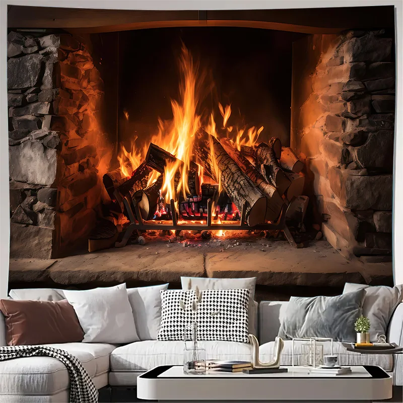 Cozy Fireplace Flame Decorative Wall Hanging - Romantic Burning Wood Fireplace Tapestry