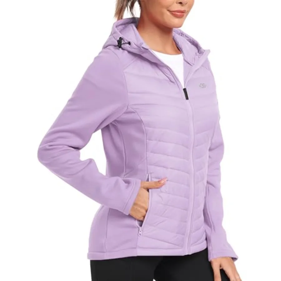 Womens Fleece Lined Softshell Jacket Hooded Lightweight Insulated Puffer Hybrid Down Jacket Full Zip Running Coat