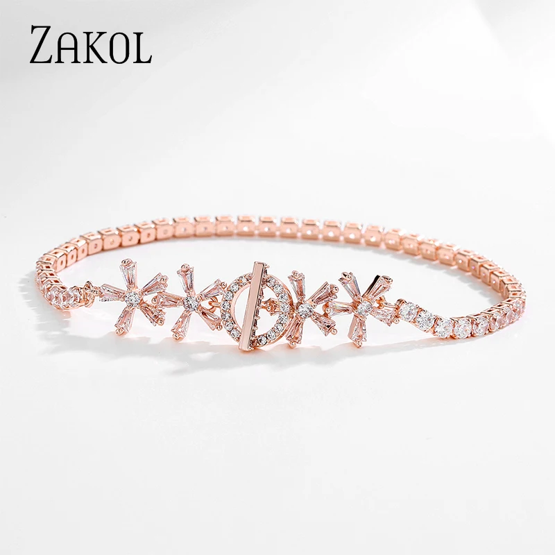 ZAKOL Exquisite Zirconia Leaf Bracelets for Women Rose Gold Color Crystal Bangles Fashion Heart Zircon Girls Party Jewelry