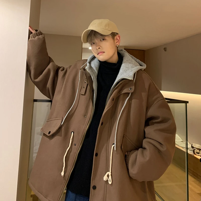 Men's Parkas Warm Baggy Fake Two Piece Blocking Outer Wear Daily Simple Trendy Korean Style Streetwear College Winter Cotton Bf