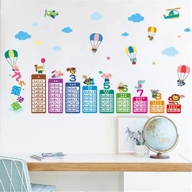 1PC Animal Parachute 99 Multiplication Table Math Wall Sticker for Kids Rooms Learn Educational Montessori Mural Wall Decals