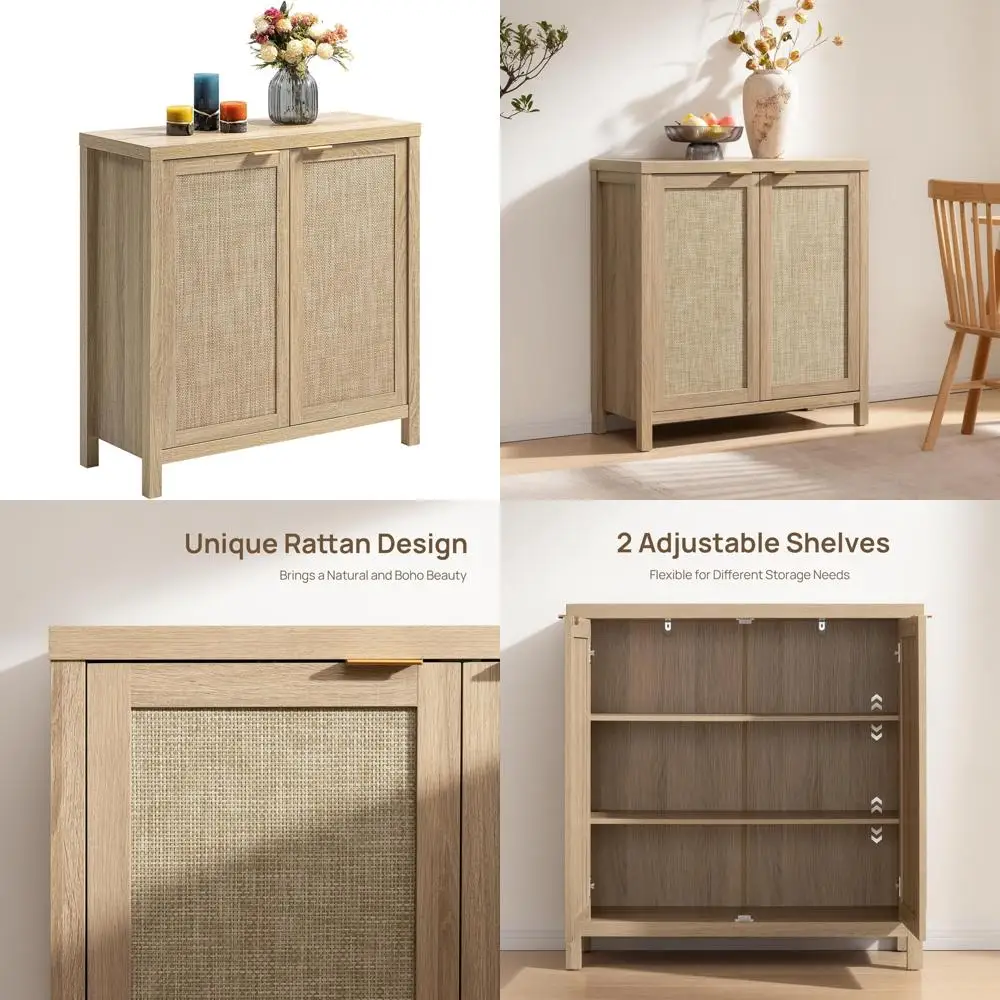 Rattan Sideboard Buffet Cabinet - Large Boho Style Credenza Storage Coffee Bar Cabinet with Rattan Shelves