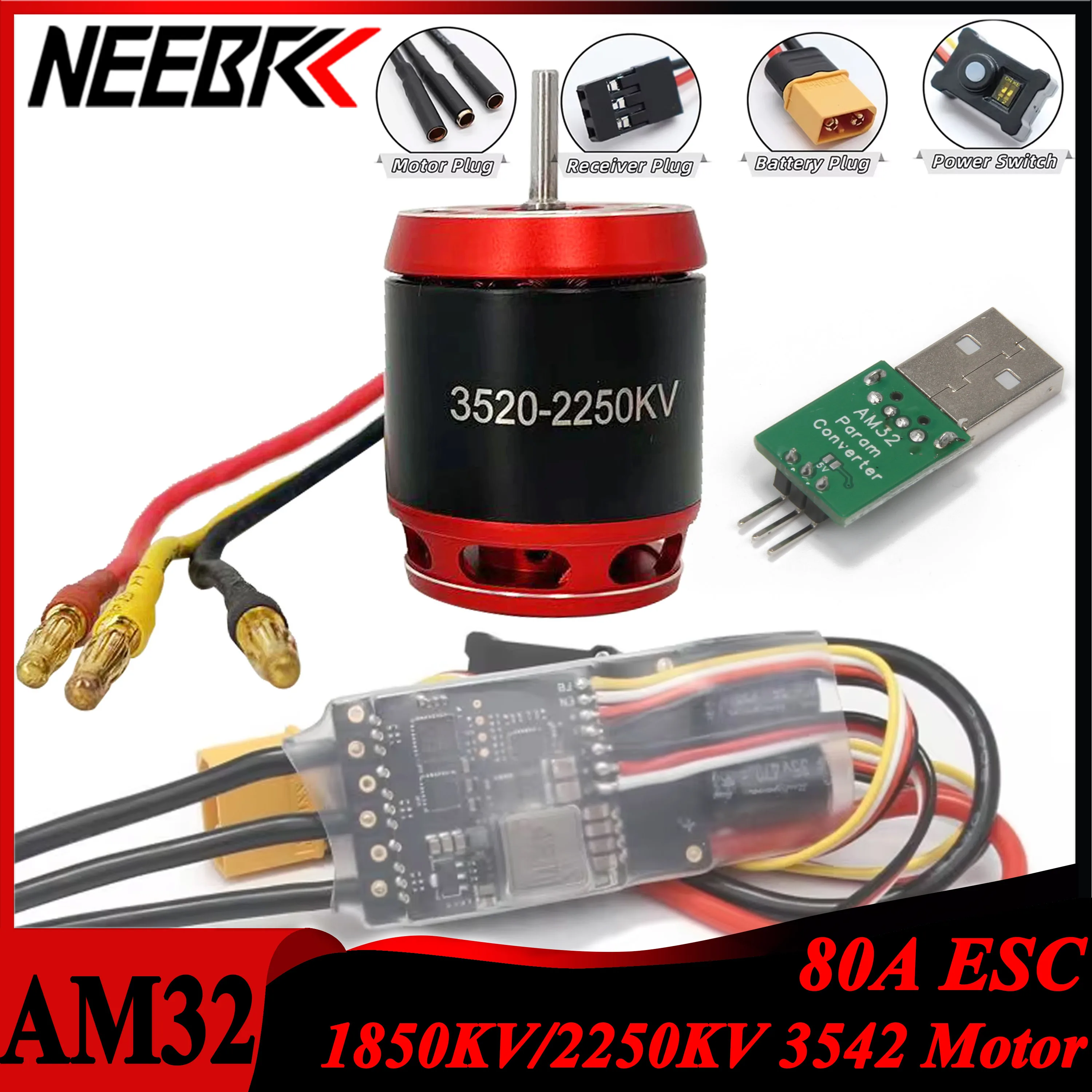 NEEBRC AM32 80A Programming ESC 3542 1850KV 2250KV Brushless Motor USB Link for RC Crawler Car Axial Traxxas SCX10 TRX4 RC4WD