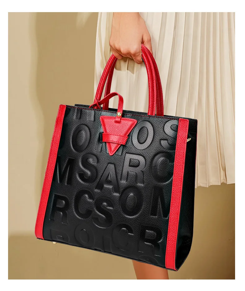 Schwarz-Rote Leder-Tragetasche für Damen mit Geprägtem Alphabet, Verstellbarem Riemen und Mehreren Taschen - Tägliche Crossbody-Shopper-Tasche – Detail 1