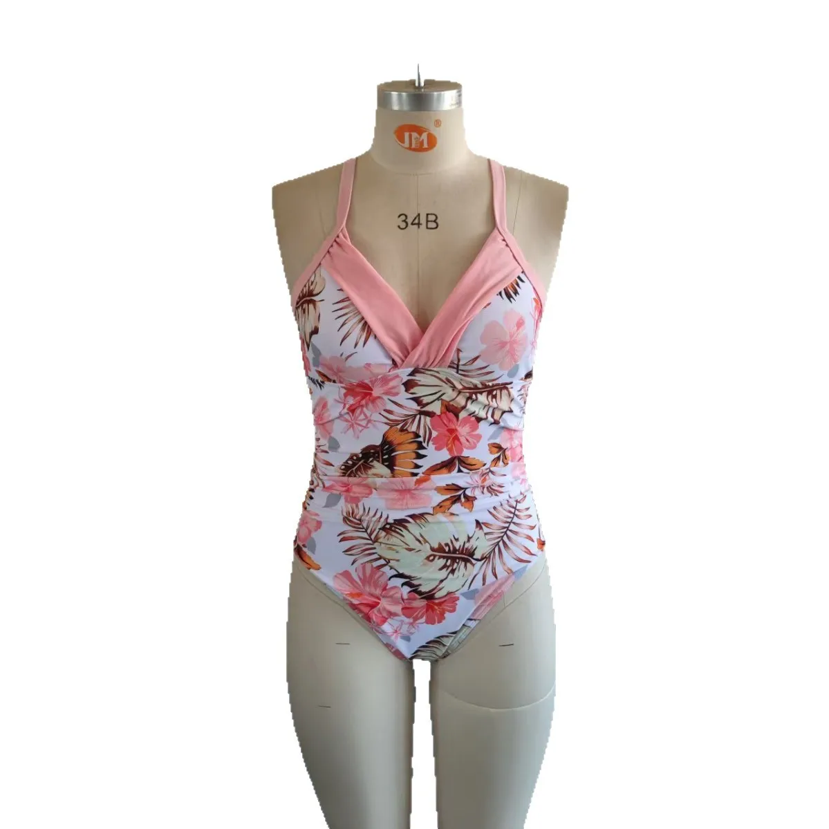 Women One Piece Swimsuit Tropical Floral Print V Neck Spaghetti Strap Bathing Suit Ruched Tummy Control High Cut Swimwear