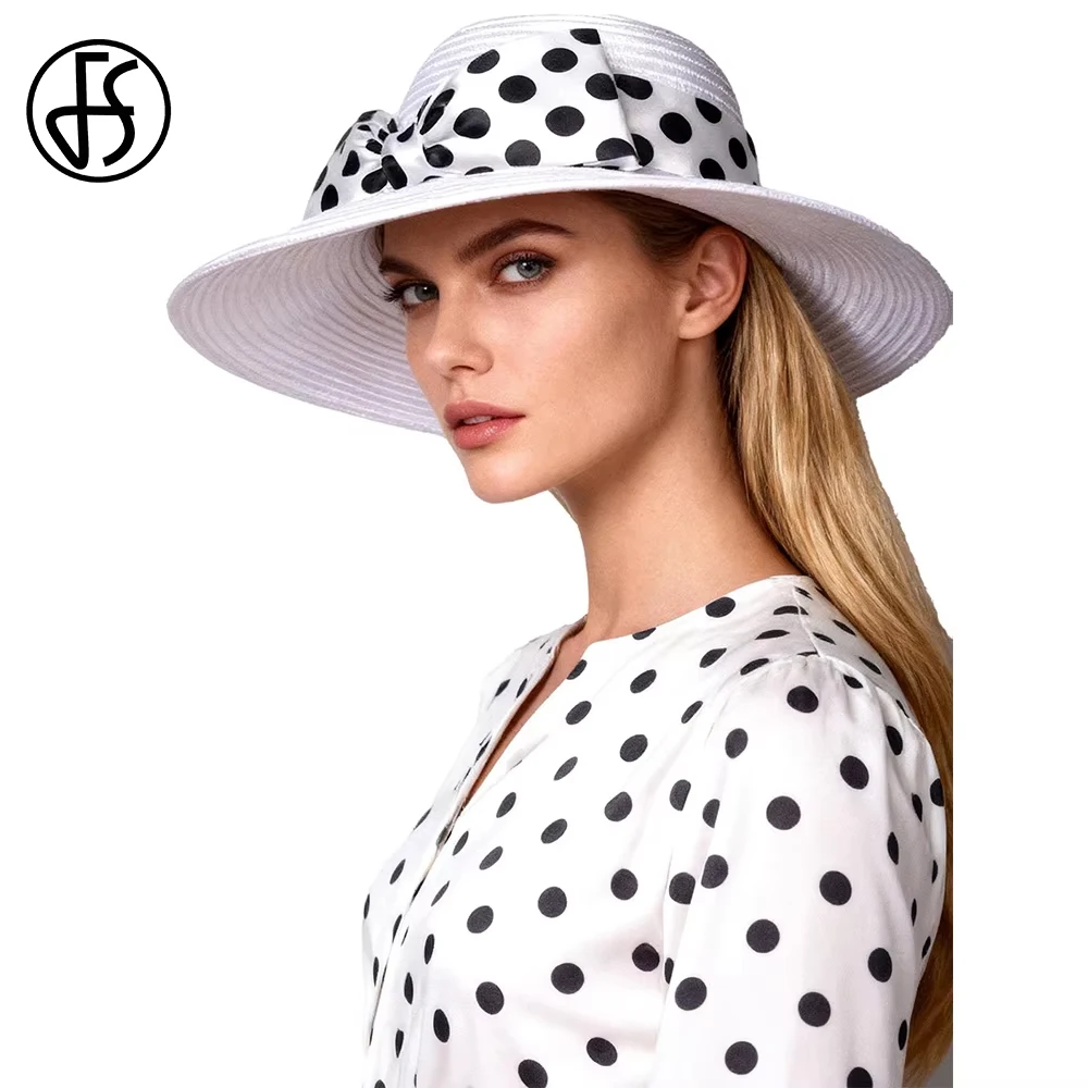 FS Luxury Black White Dot Big Bowknot Fascinators Hats Wide Brim Church Hat For Women Elegant Wedding Bowler Cap Sombreros Mujer