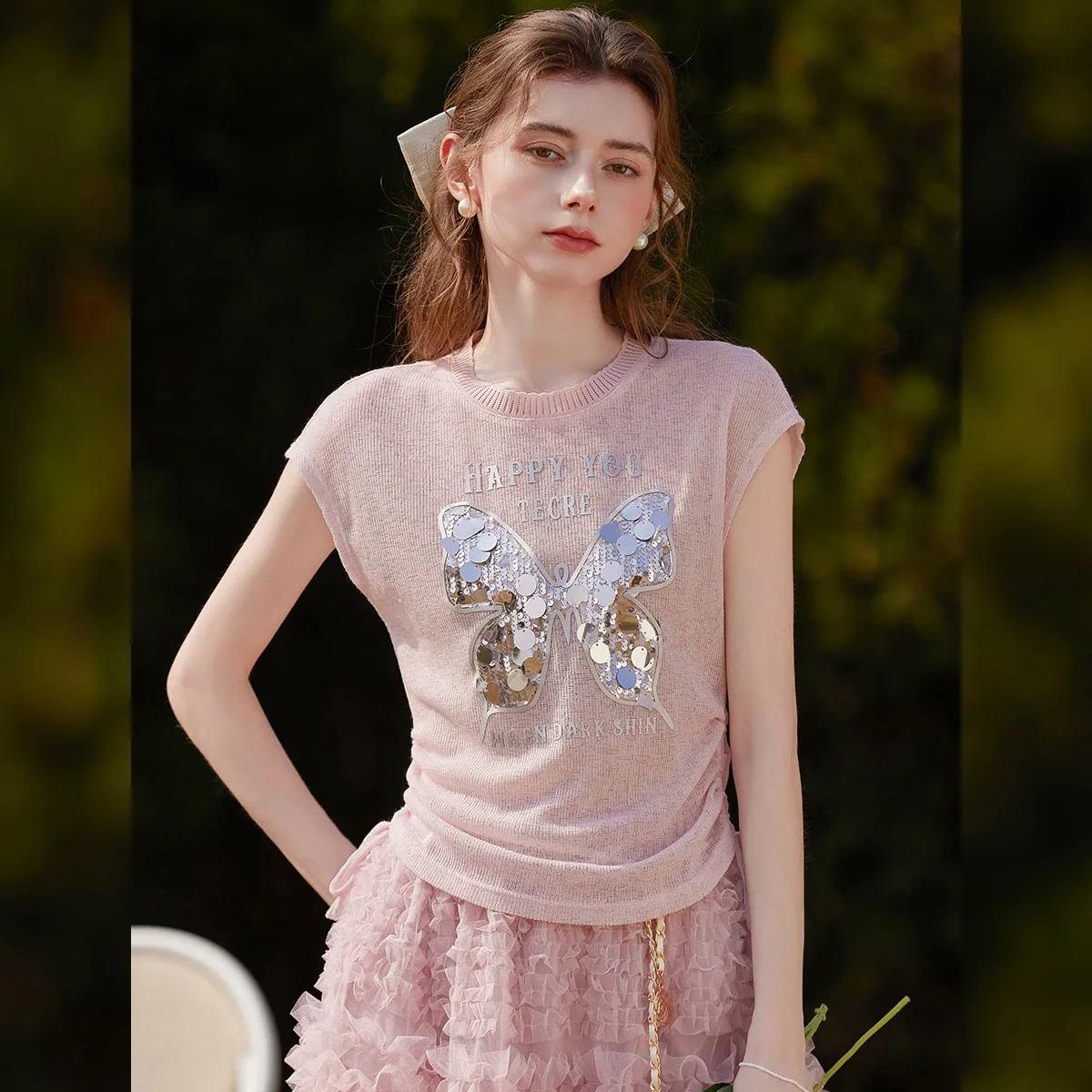 LOUISYAO Women Korean Sweet Sequin Short Sleeve T-Shirt Spring Summer 2026 Pullover Slightly Stretch Slim Fit Top
