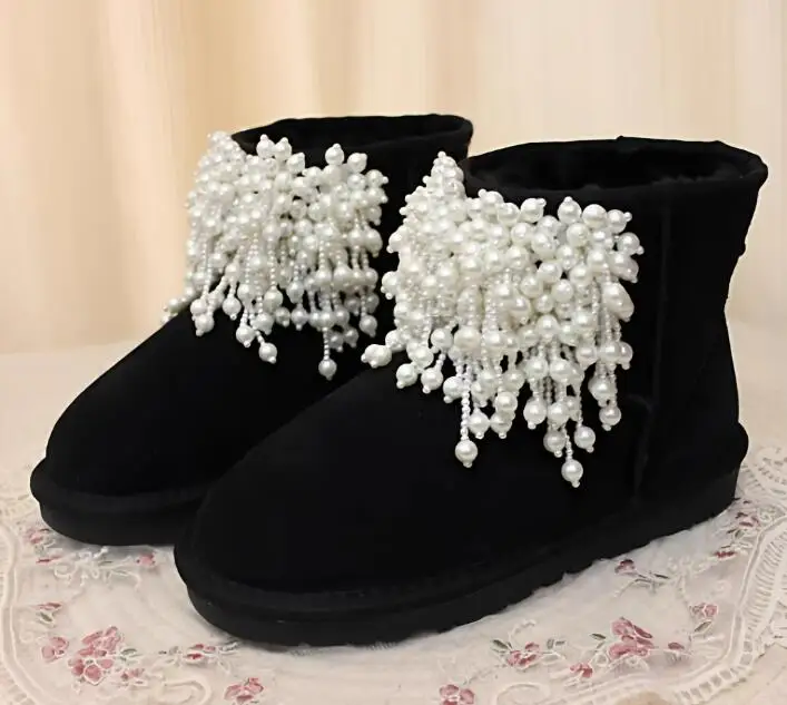 

Fashion White Pearls Strings Flats Snow Boots Black Cow Suede Winter Warm Plush Fur Slip On Woman Boots