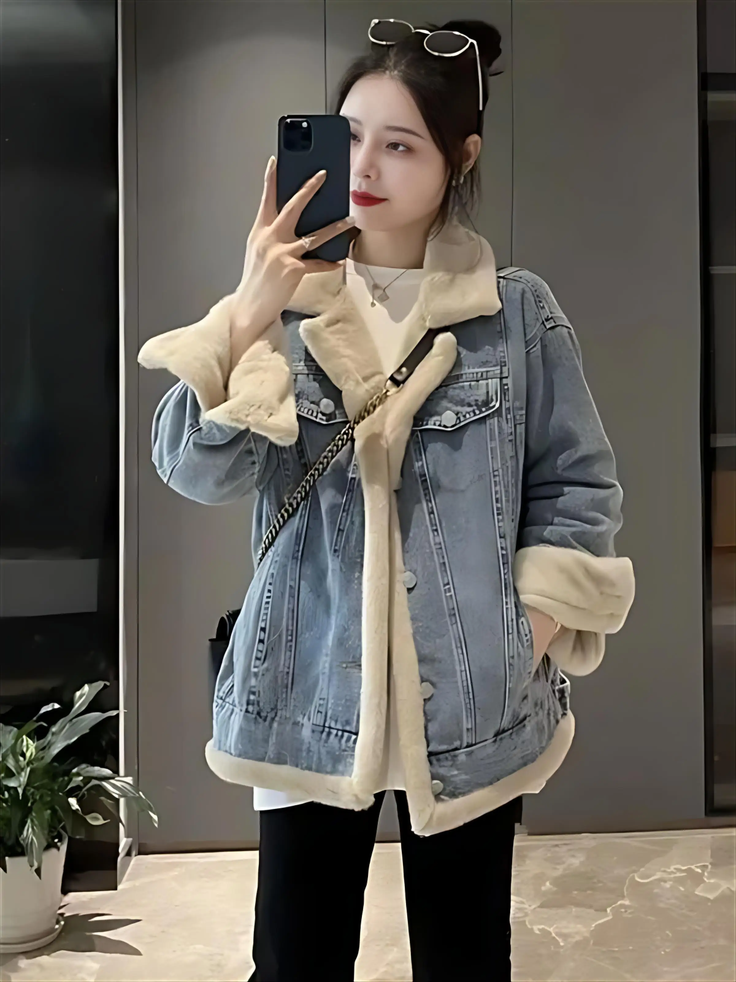 

Джинсовые пальто для женщин, куртки с длинными розовыми рукавами и лацканами, женские меховые плюшевые женские осенние плиссированные куртки на шнурке, школьные большие размеры