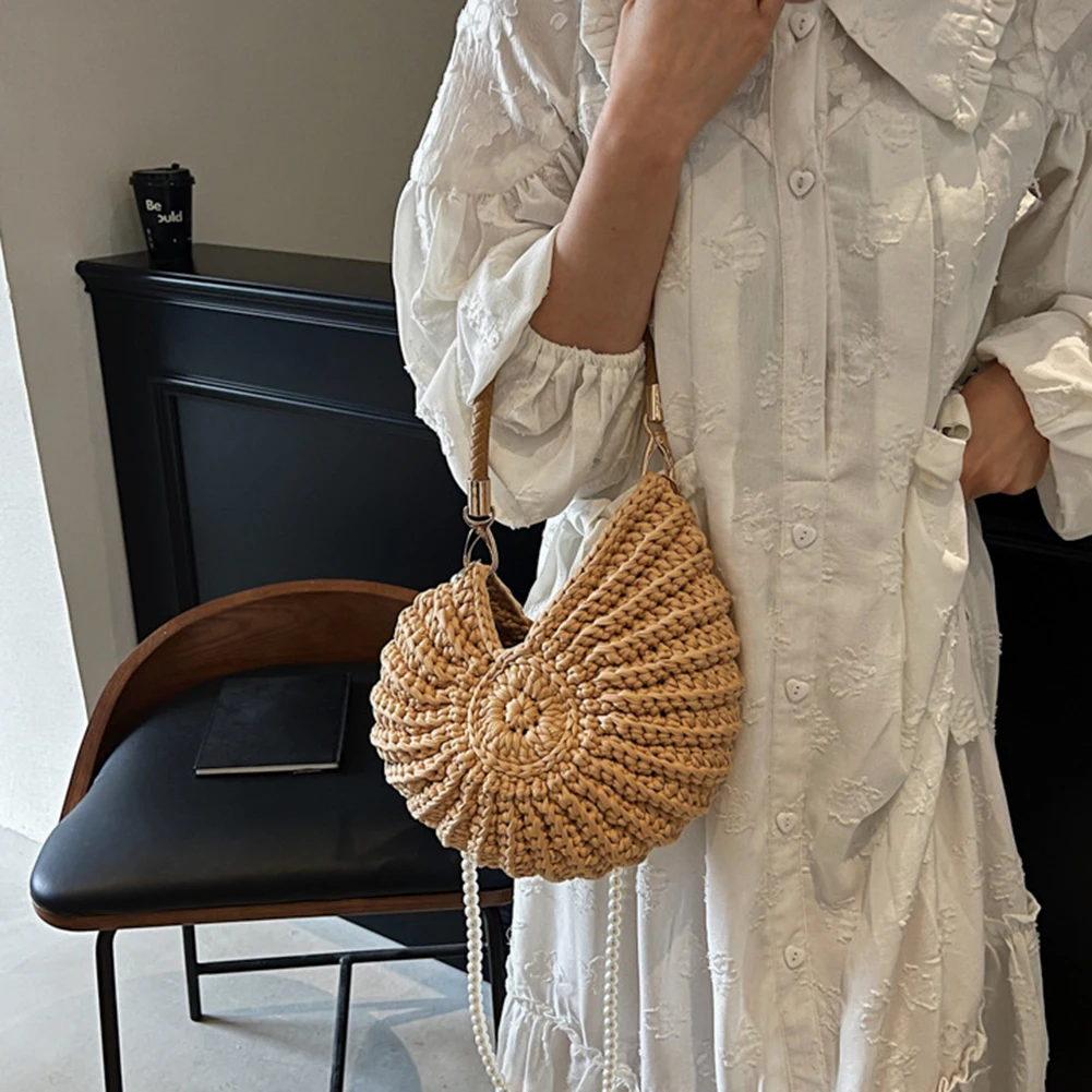 

Handwoven Seashell Women Beach Shoulder Bag Pearls Chain Crossbody Bag (Khaki)