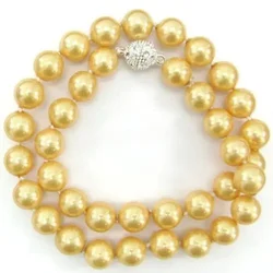 10mm Round Gold-color South Sea Shell Pearl Necklace Beads Fashion Jewelry Making 18inch Magnet Clasp Women Girls Gifts BV198