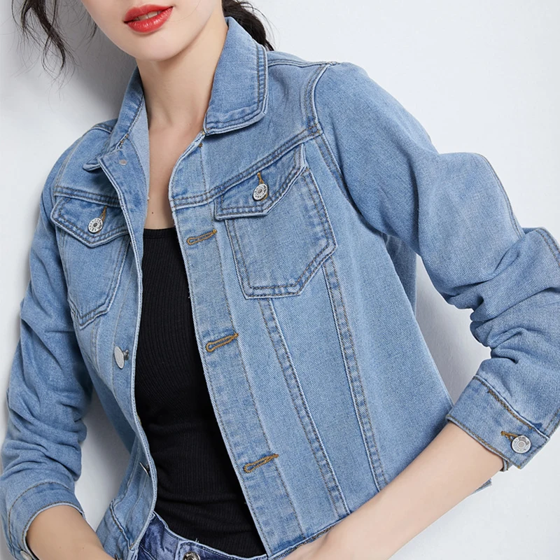 1pcs Women Denim Jacket Spring Autumn Long Sleeves Coat Student Solid Jean Jackets Casual Loose Tops Fashion Lady Outerwear