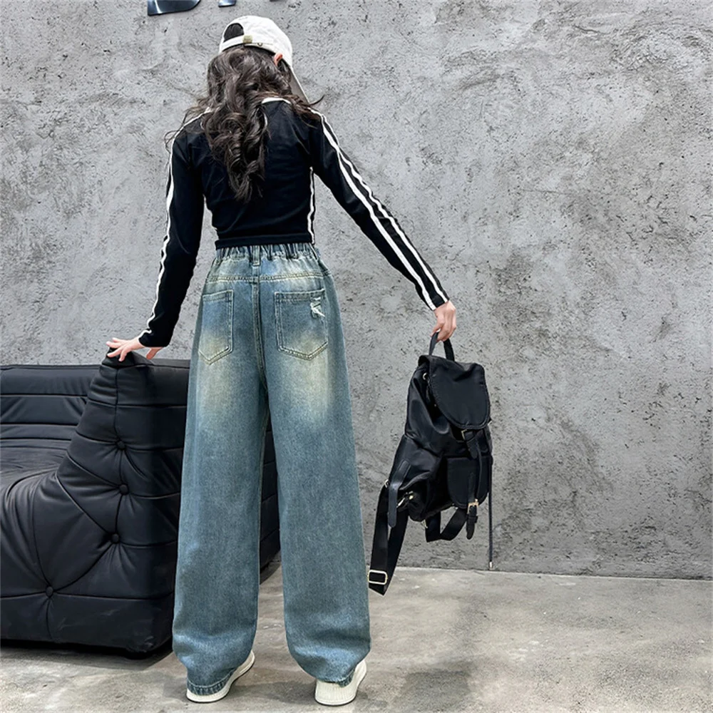 MK83 Fashion Girls Jeans Children\'s Wide Leg Pants Broken Hole Straight Kid Jeans Denim Straight Leg Pants