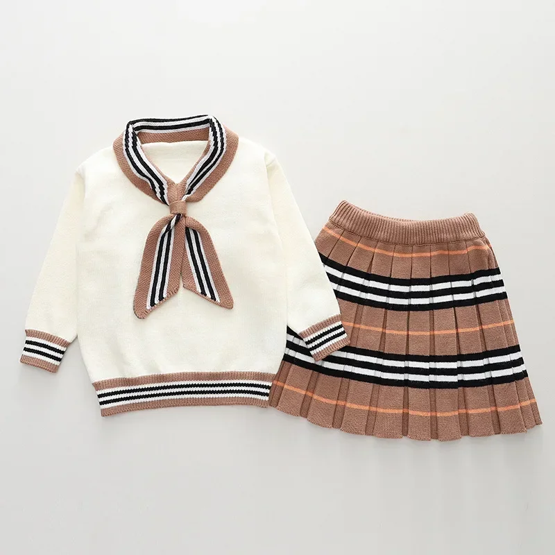 Otoño Invierno, suéter informal para niñas + faldas, conjuntos de 2 uds., ropa para niños, Jersey de punto de estilo Preppy para fiesta de Navidad para niñas