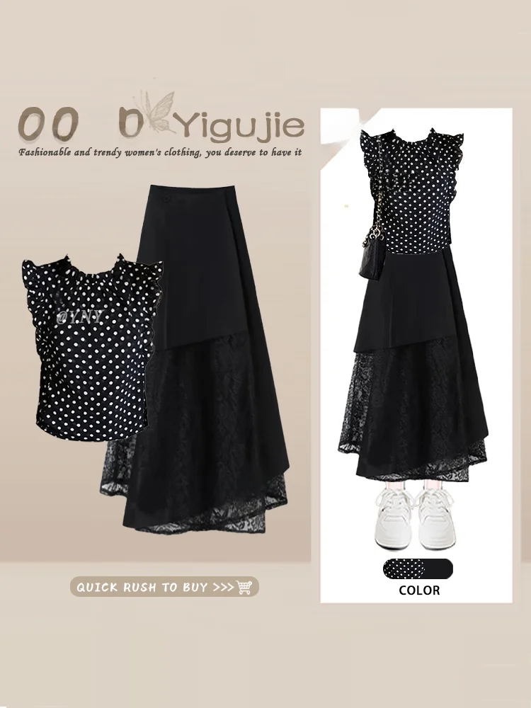 

Sexy Black Polka Dot Lace Trim Blouse And Skirt Set Summer Half Sleeve High Waist Midi Skirt Floral Print Two Piece Suit for ...