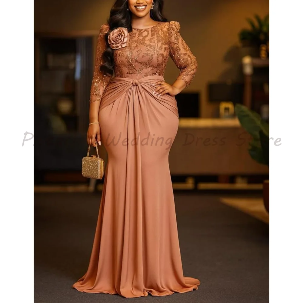 Rundhalsausschnitt, 3/4-Ärmel, Pailletten-Spitze, Meerjungfrauen-Stil, Kleid für die Brautmutter, 3D-Blumen, taillierte Taille, formelles Abendkleid