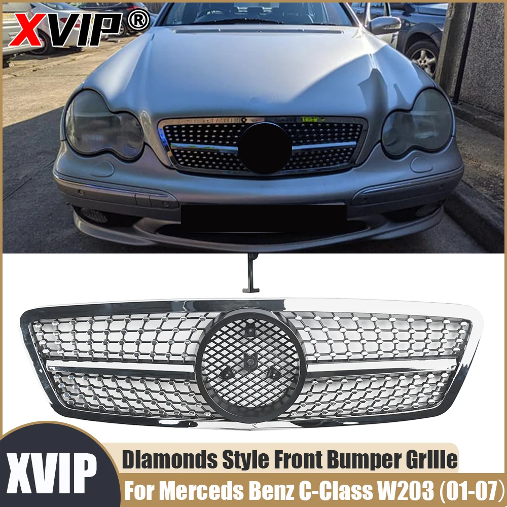 

XVIP Chrome Silver Front Upper Grille Diamonds Style Fit For Mercedes Benz C-Class W203 2001-2007 C200 C230 C240 C280 C320 C350