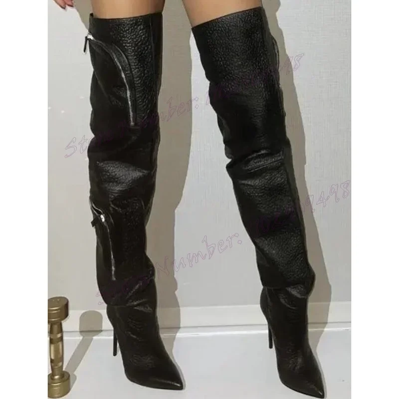 Black Pocket Decor Knee High Boots Matte Leather Pointed Toe Shoes for Women Thin High Heels Sexy Shoes 2025 Zapatos Para Mujere