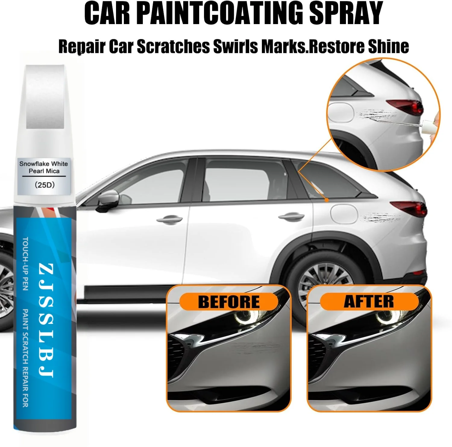 Car Touch Up Paint(Snowflake White Pearl Mica(25D)) for Mazda, Car Paint Scratch Repair Kit, Quick & Easy Solution to Repair, 2