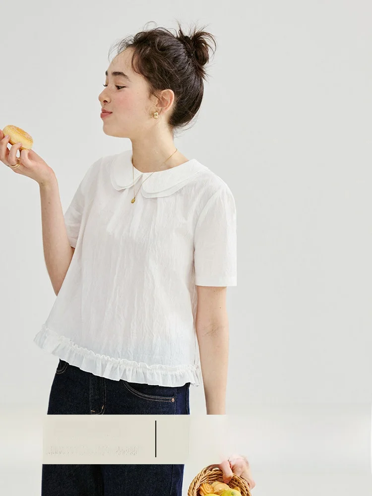

AMUU Original White Doll Collar Ruffle Hem Shirt Women's Summer New Texture Short Top Korean Style Loose Fit Breathable Cotton