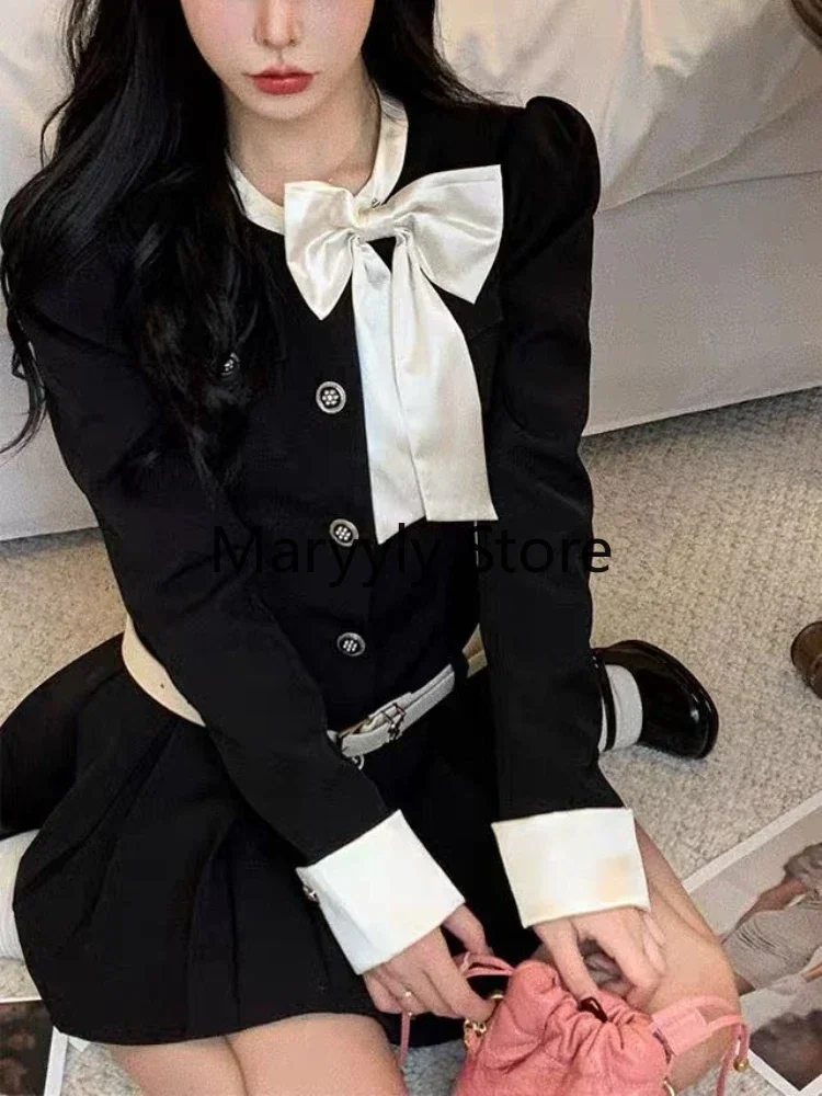 2023 Autumn Black Elegant Short Party Dress Women Casual Long Sleeve Sweet Vintage Mini Dress Preppy Style One Piece Dress Korea