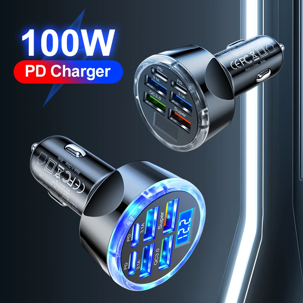 100W6 In1Ports Car Charger Fast Charging PD QC3.0 USBC Car Phone Charger Type C Adapter in Car For iPhone Samsung Huawei Xiaomi