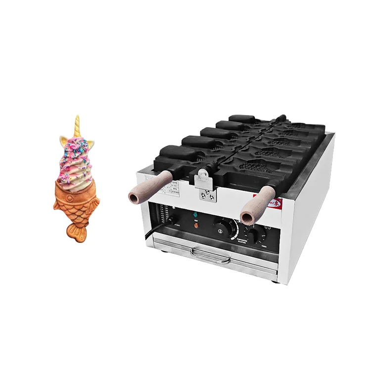 Wholesale Customized Cast Iron 5 In 1 Open Mouth Fish Shaped Taiyaki Waffle Maker Ice Cream Fish Cone Waffle Maker Machine