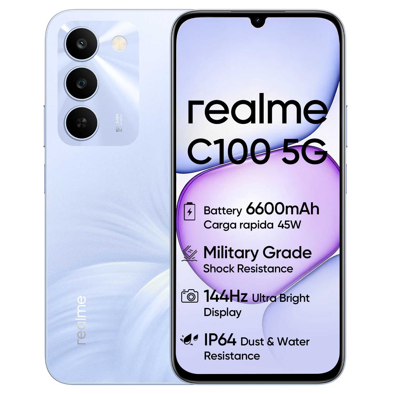 Smartfon realme C100 5G, bateria Titan 6600mAh, (18+6) GB RAM + 256 GB, wyświetlacz 144Hz, odporność na warunki wojskowe, ładowanie 45W, aparat AI 50MP, Dual SIM, Android 16, design Blooming.