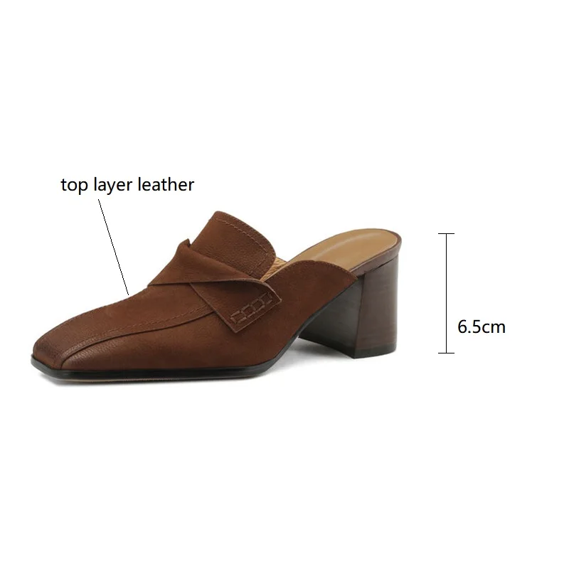 2023 Summer Women Shoes Genuine Leather Shoes Women Simple Retro Women Slippers Chunky Heel Shoes Square Toe Slippers Mules