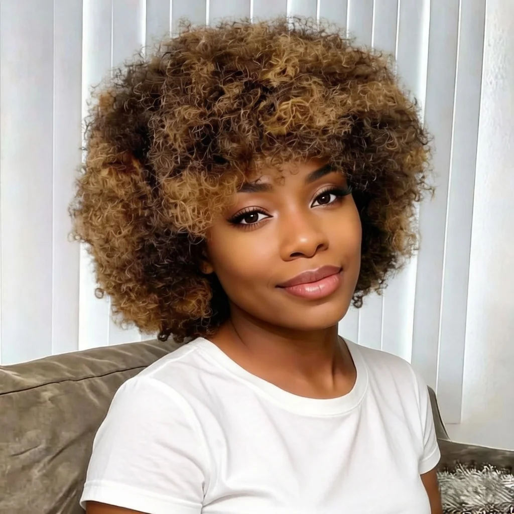 P427 Short Bob Human Hair Wig 8 Inches Afro Kinky Curl with Bangs Full Machine Made Wigs for Women