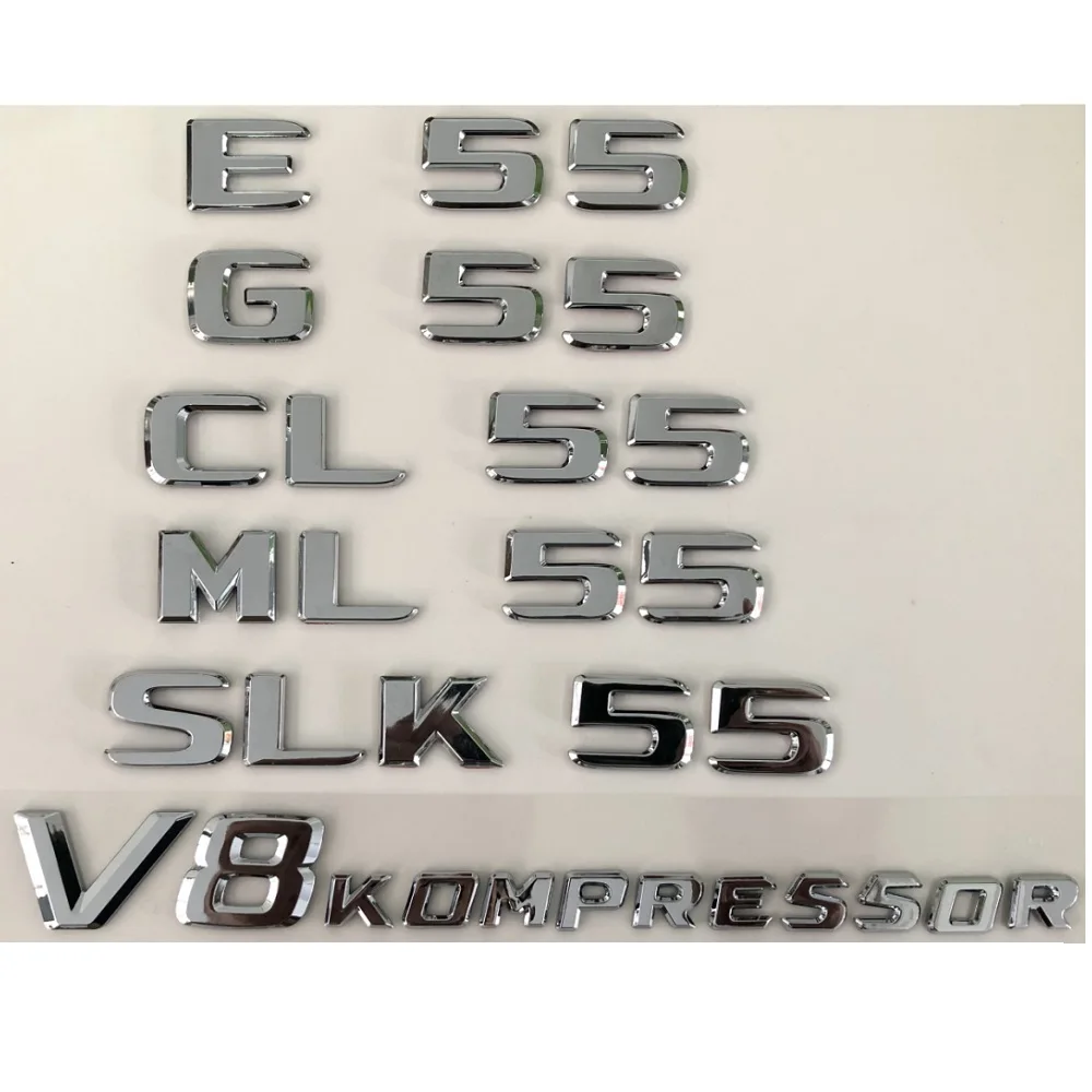 

Chrome Silver Trunk Letters for Mercedes Benz C55 E55 S55 G55 CLS55 CLK55 SLK55 GLK55 ML55 CL55 SL55 GL55 V8 KOMPRESSOR Emblems