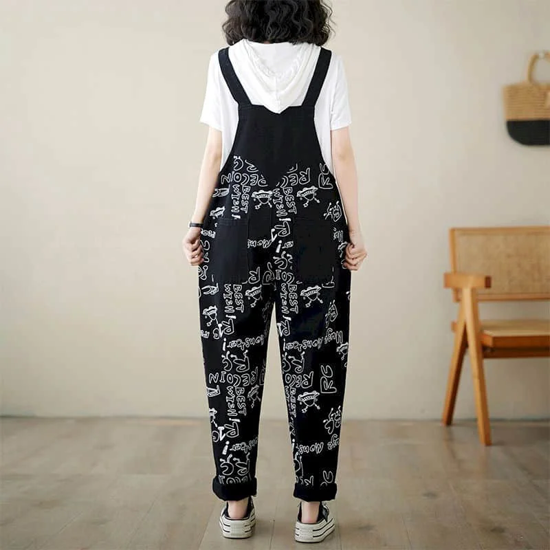 جمبسوت من قماش الدنيم للنساء تصميم حروف سراويلي حريمي فضفاض عالي الخصر بنطلون وزرة للنساء ملابس قطعة واحدة بلايسوت