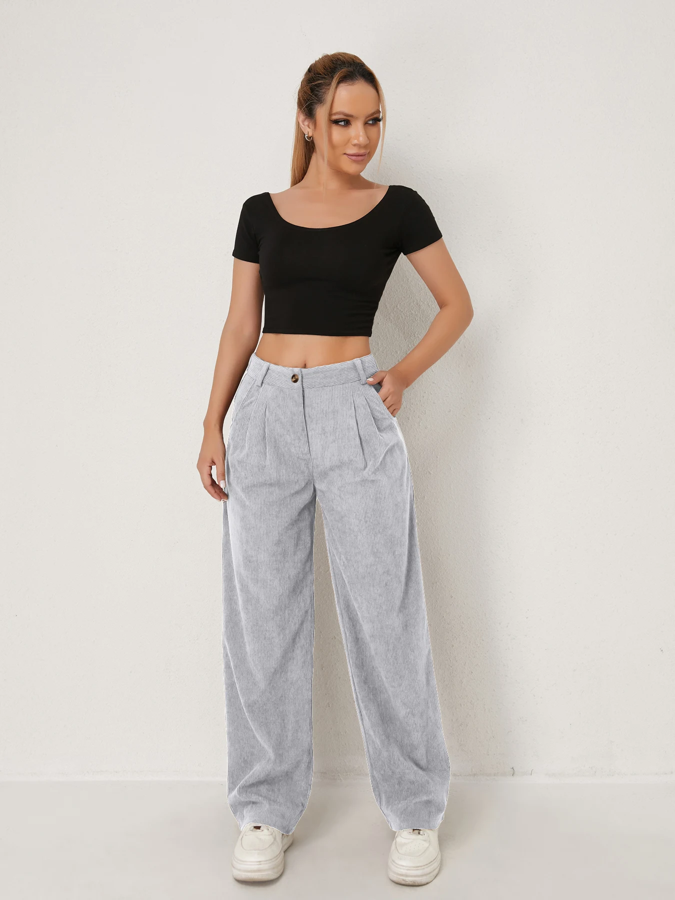Neue Herbst- und Winter-Freizeitanzüge für Damen in Unifarben aus Cord mit weitem Bein und geraden, samtartigen Hosen, die schlank aussehen – Detail 15