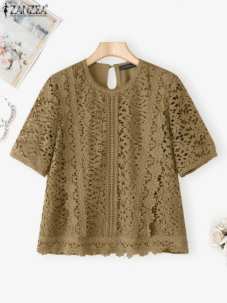 

ZANZEA Women Summer Blouse Fashion Short Sleeve Lace Tops Solid Color Female Blusas 2025 Hollow Out Beach Pullover Work Tunic