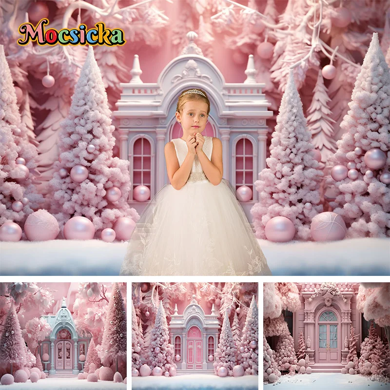 

Winter Pink House Backdrop Christmas Tree Snow Marble Wall Door Princess Birthday Portrait Photo Photography Backgrounds Banner