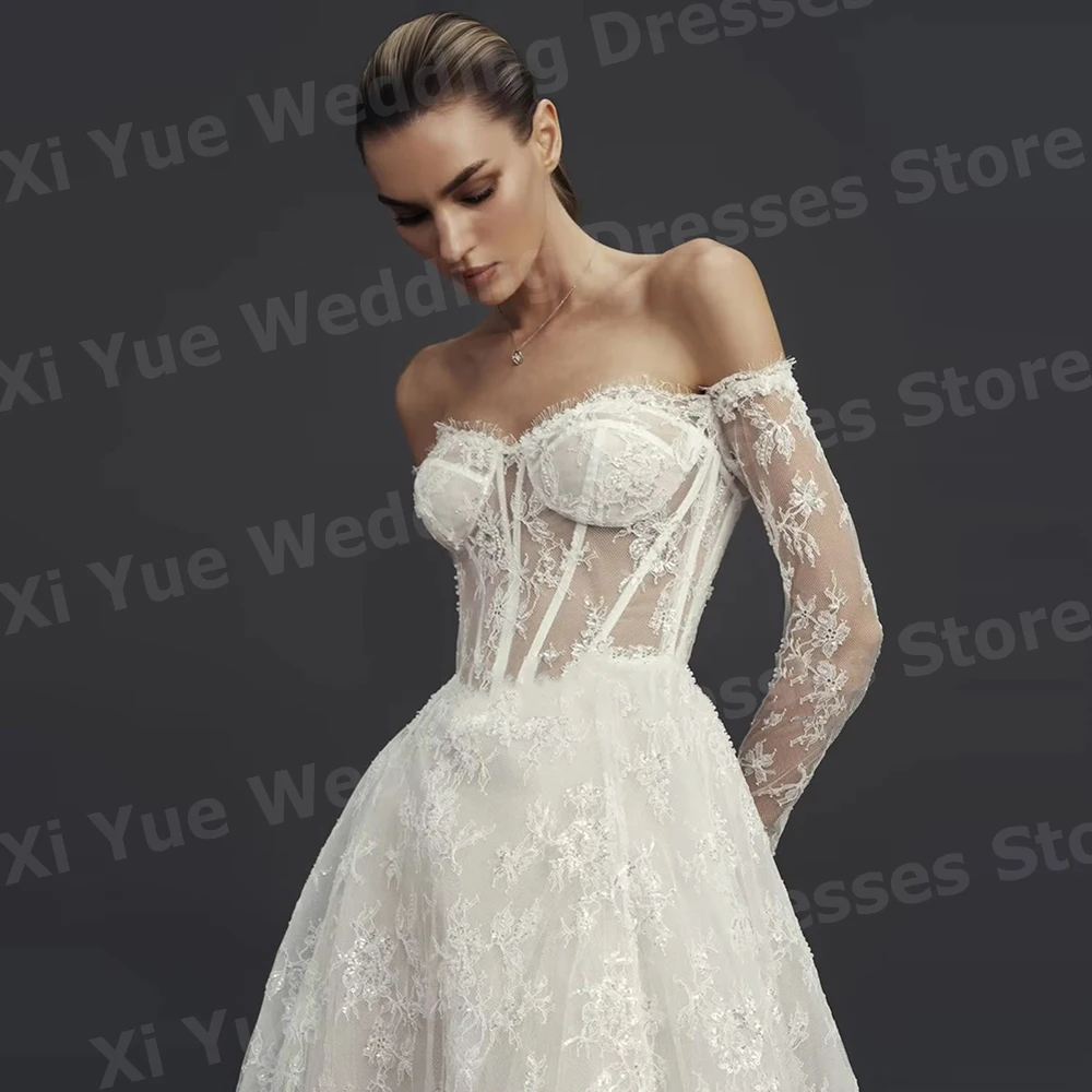 Graceful A Line Women's Lace Off The Shoulder Wedding Dresses Vestido De Novia Bride Gowns Long Sleeve Customized Robe De Mariée