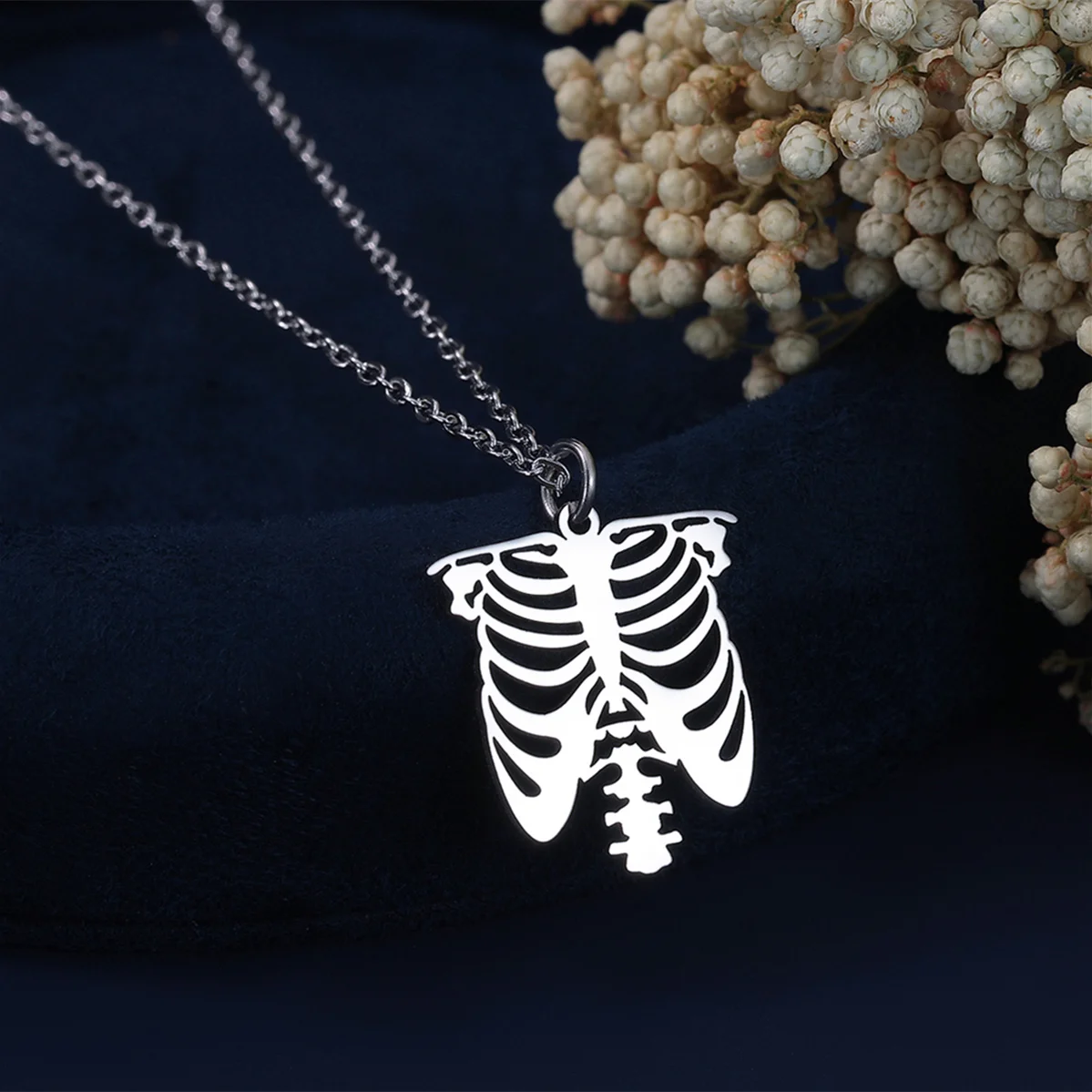 العصرية الشرير الهيكل العظمي Ribcage قلادة للنساء الرجال الفولاذ المقاوم للصدأ سلسلة الترقوة المختنق الفن خط الذكور المجوهرات هدايا الهالوين #2