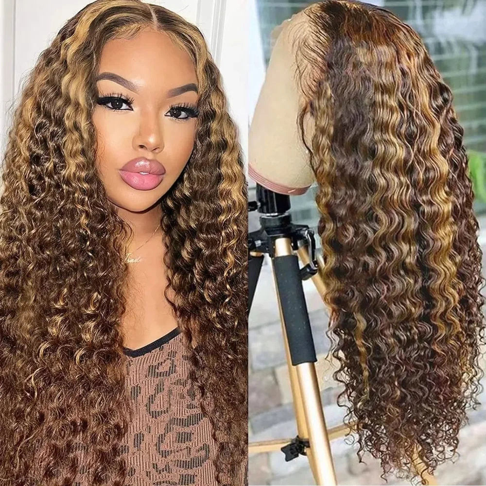 

Deep Wave P4/27 Highlight 4x4 Lace Frontal Lace Wigs Deep Wave Human Hair Wig No Shedding Burmese Hair 180 Density Wig For Women