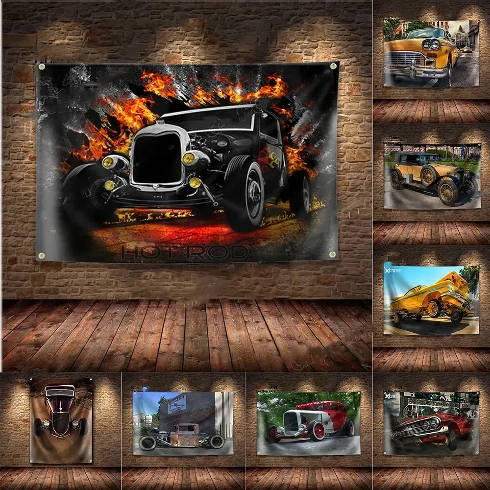 Classic Cars Retro Banner Flag Poster Wall Art Decor Signboard Vintage Sign Motor Car Competition Man Cave Garage Pub Club Bar