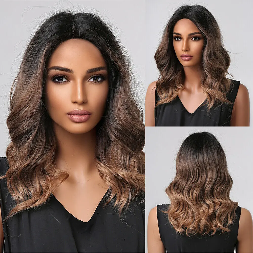 

Ombre Brown Wavy Hair Wigs for Women Middle Part Black Root Wig