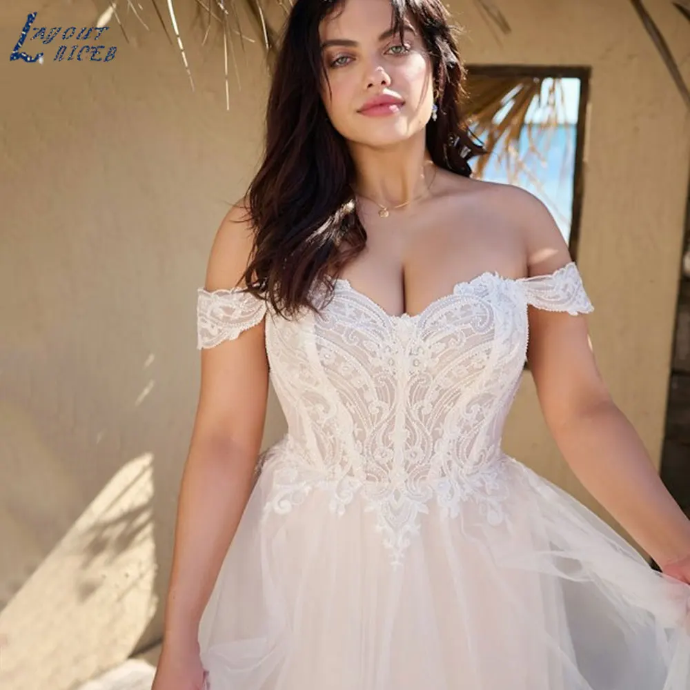 LAYOUT NICEB Off spalla scollo a cuore abiti da sposa pizzo maniche corte abiti da sposa Backless a-line Tulle Vestido De NoivaLAYOUT NICEB Off spalla scollo a cuore abiti da sposa pizzo maniche corte abiti da sposa Ba