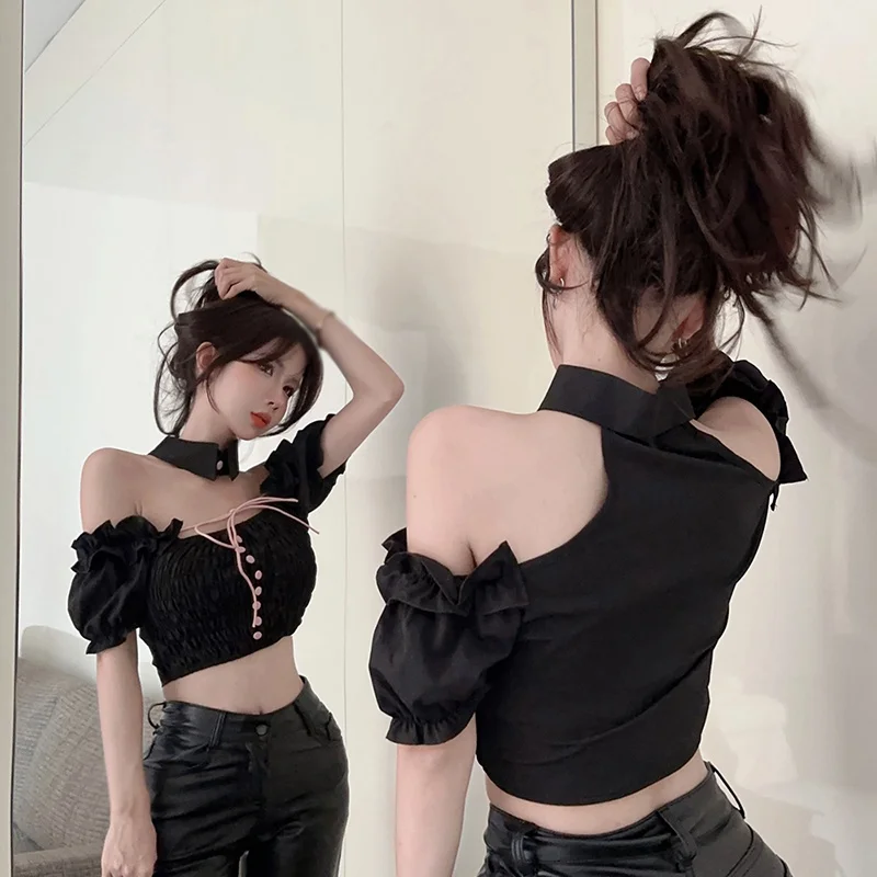 Women Shirt Lapel Slim fit Sweet With Bow Tie Off Shoulder All-Match Casual Hot Girl Streetwear Spring Summer Top