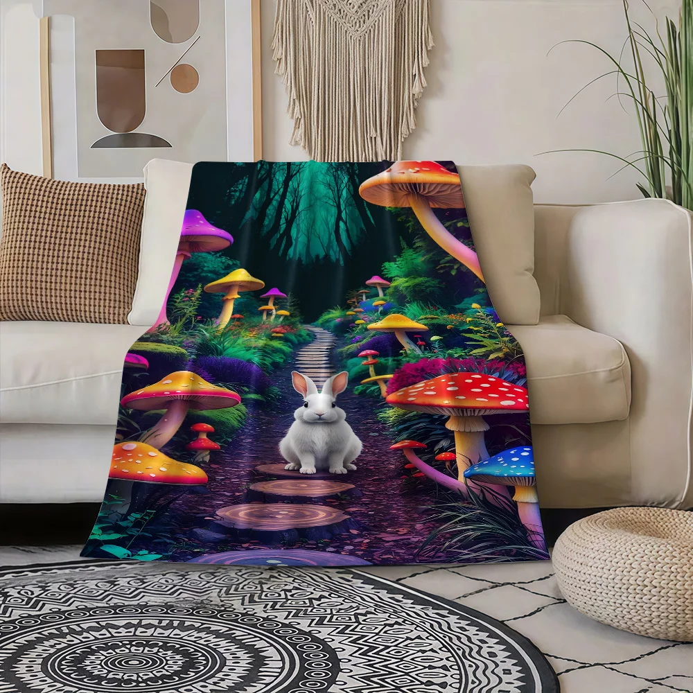 1pc Mushroom Forest & Bunny Print Flannel Blanket - Soft All-Season Cozy Throw with Vibrant Mushroom & Bunny Design, Perfect for