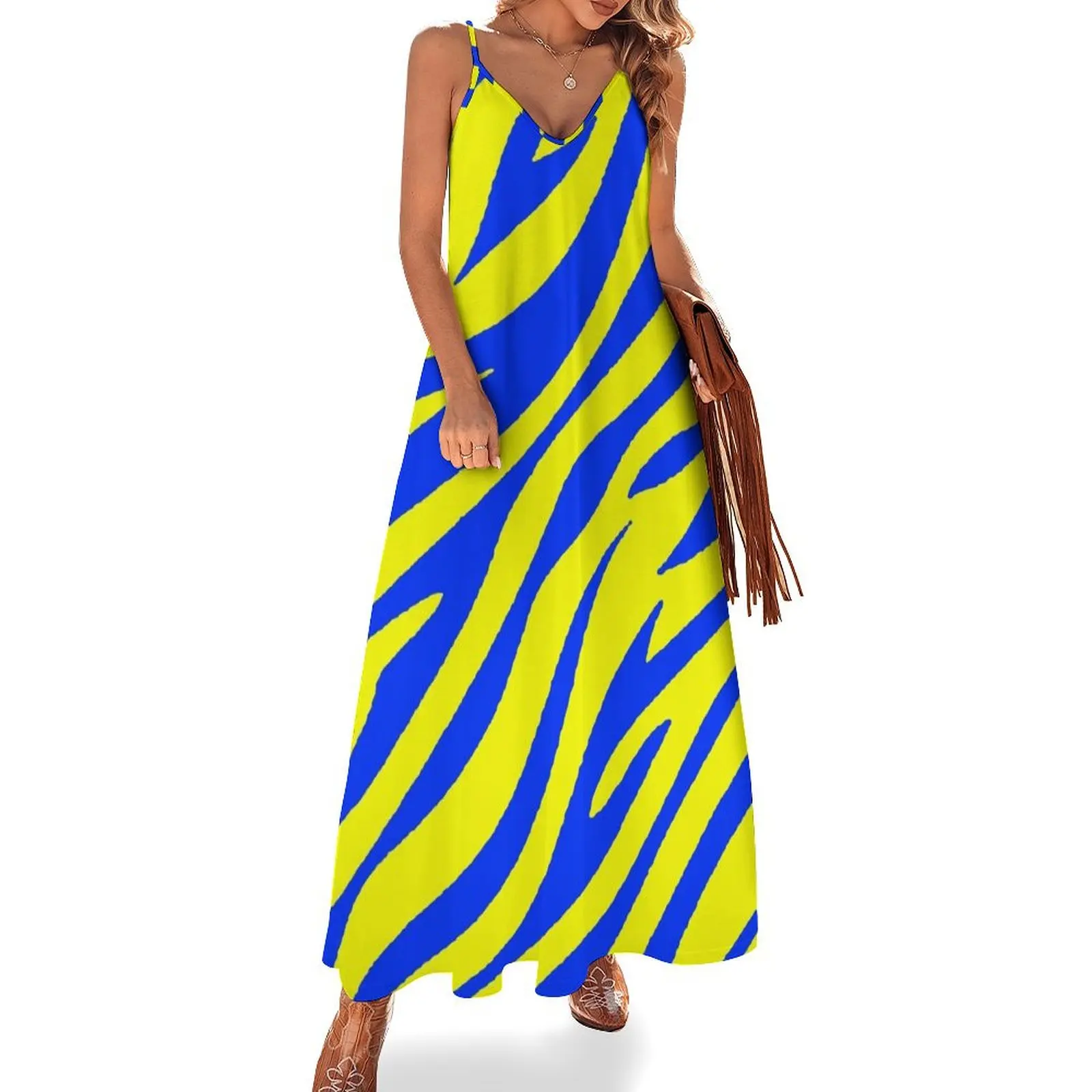 

Yellow and Blue Zebra Stripes, Large Sized Non-Repeating Image Sleeveless Dress women's evening dresses Women's long dress