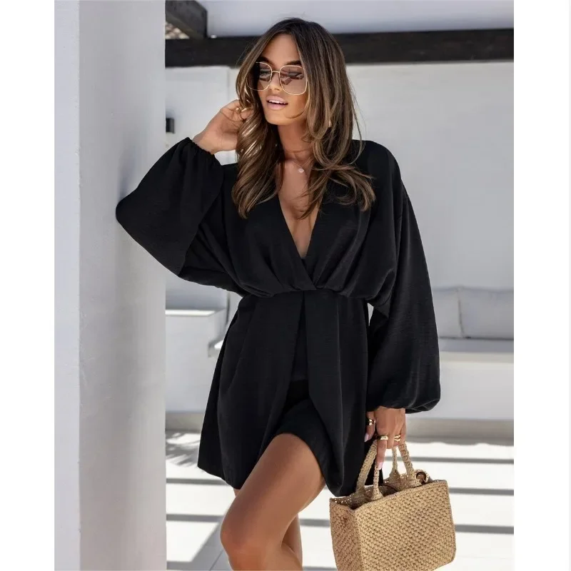 

Women Mini Dress Sexy V-Neck Long Sleeves High Waist Slim Fit Solid Color Breathable Elegant Versatile Vacation Party Wear