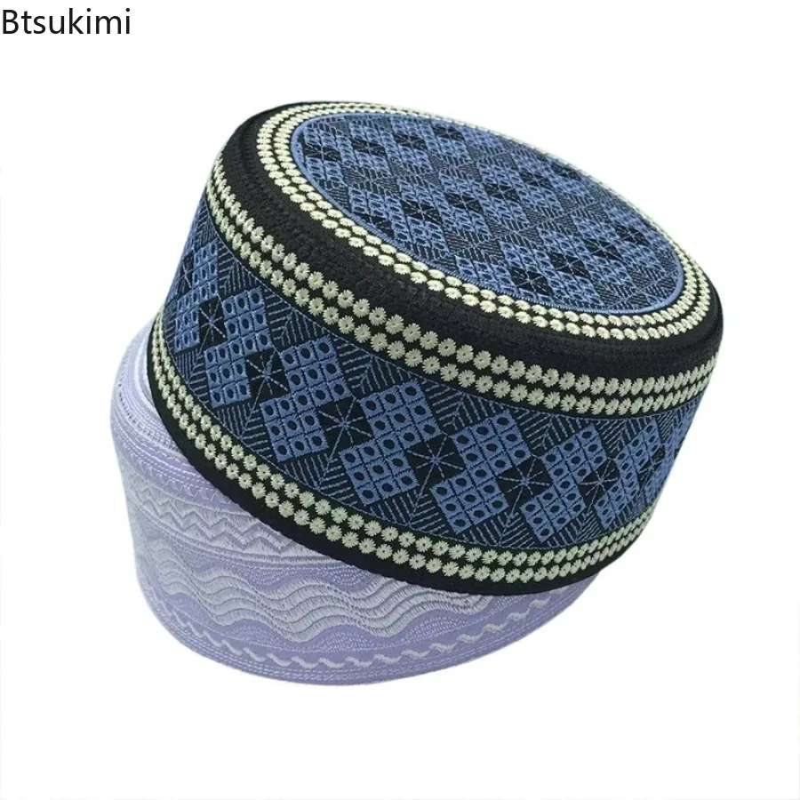 빈티지 자수 히잡 남성 기도 모자 인도 터번 모자 성인 통기성 쿠피 원형 모자 아라비아 이슬람 의류 무슬림 캡