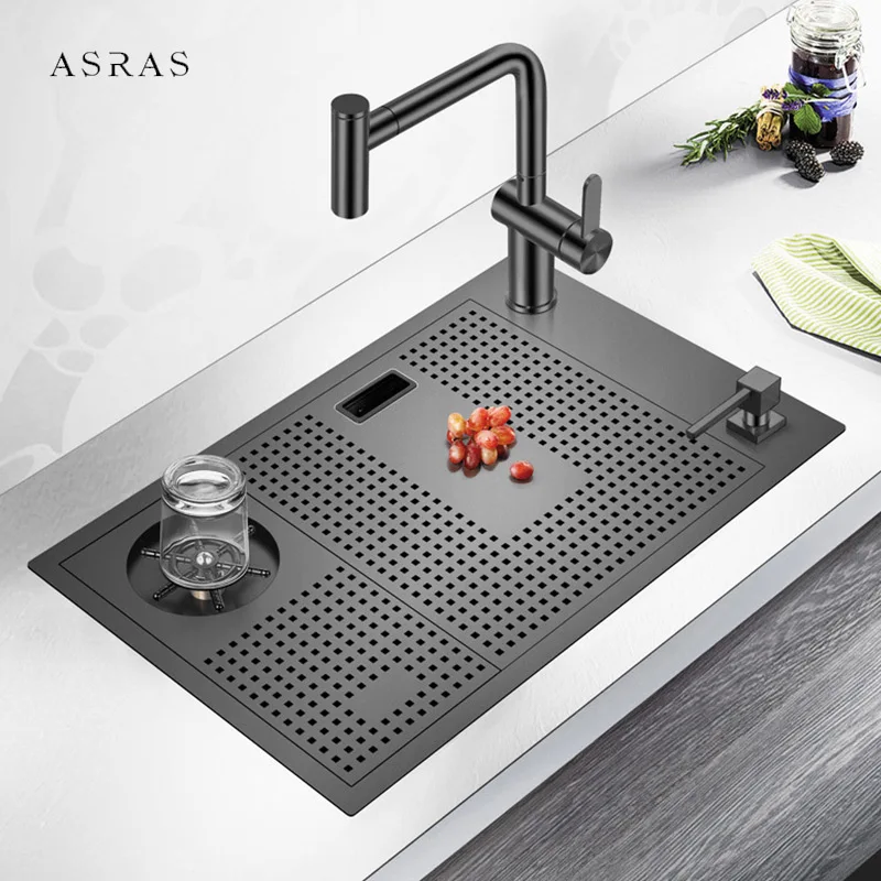 ASRAS Black Nano Hidden Kitchen Sink 304 Stainless Steel 4mm Thickness Cup Rinser Bar Counter Kitchen Single Sink