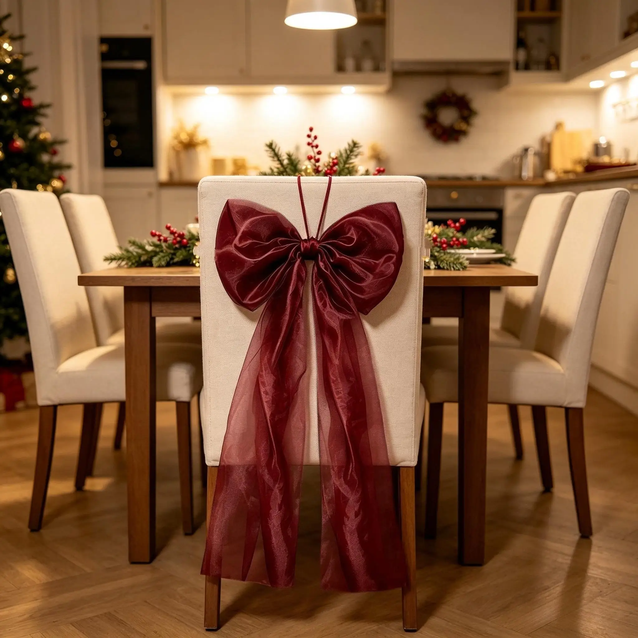 Set 59in Burgundy Organza Chair Sash Bow, Sheer Tulle Chair Back Knot for Christmas Wedding Banquet Party Dining Chair Decor