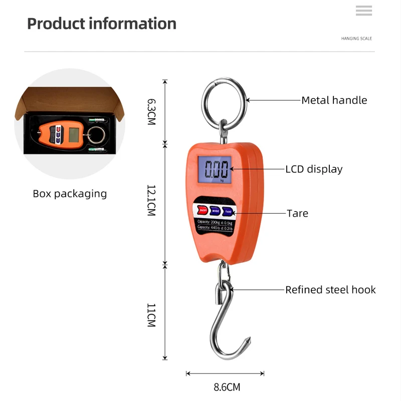 200KG Electronic Scale Stainless Steel Crane Scales Industrial Scale Hoist Scale Hook Accurate Handheld Scale Weighing Digital